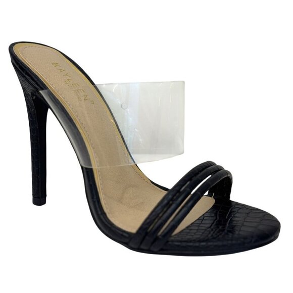 Kayleen Shoes - KAYLEEN / Berkley-16 / Black Croc-Embossed / Clear / Strap / Heeled Sandals